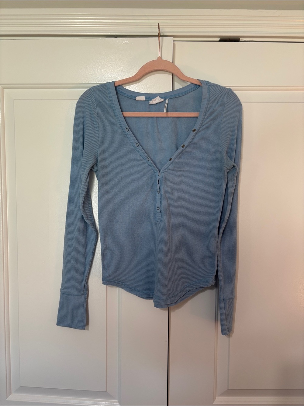 Out From Under Long Sleeve Ribbed Henley Top - Light Blue Size Medium